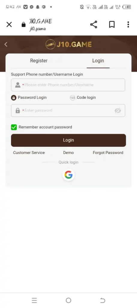 J10 Game Download APK Latest Version For Android 4 login screen