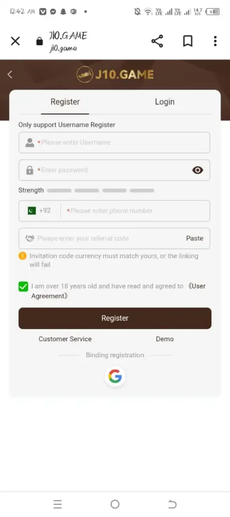 J10 Game Download APK Latest Version For Android 3 registration screen of j10 game